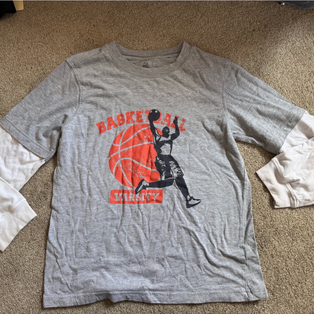 Kids Long Sleeve Basketball Graphic Tee - Gray with Orange